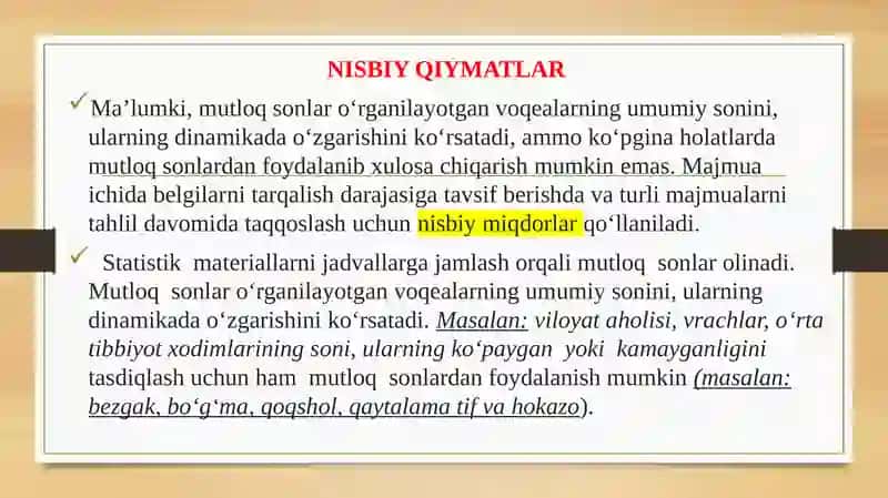Nisbiy va o'rtacha miqdorlarni xisoblash bo'yicha masalalar yechish 3