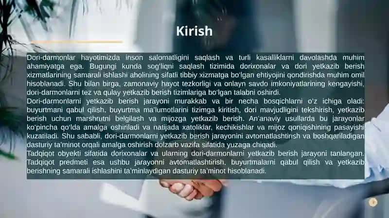 Doridarmon Dastafka qiluvchi pragramma 3