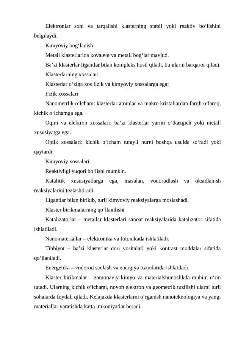 Klaster birikmalar. Ularning tuzilishi va xossalari 3
