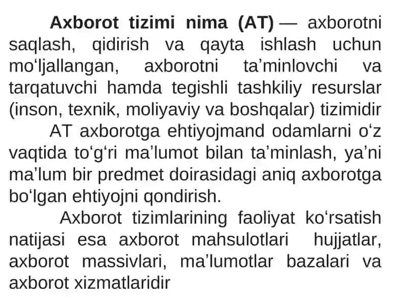 AXBOROT TIZIMI TUSHUNCHASI VA UNING  TARKIBIY QISMLARI 3