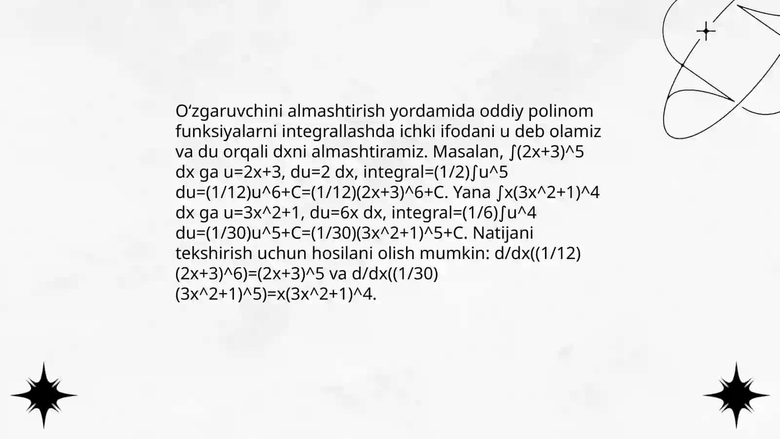 Aniqmas integralni hisoblashga oid misollar.Oʻzgaruvchini almashtirish usuli.Boʻlaklab integrallash usuli 3