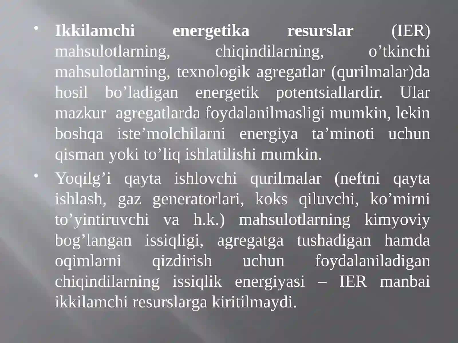 IKKILAMCHI ENERGIYA RESURSLARI KLASSIFIKATSIYASI. IKKILAMCHI ENERGIYA RESURSLARIDAN FOYDALANISH ORQALI ENERGIYANI TEJASH MASALALARI 3