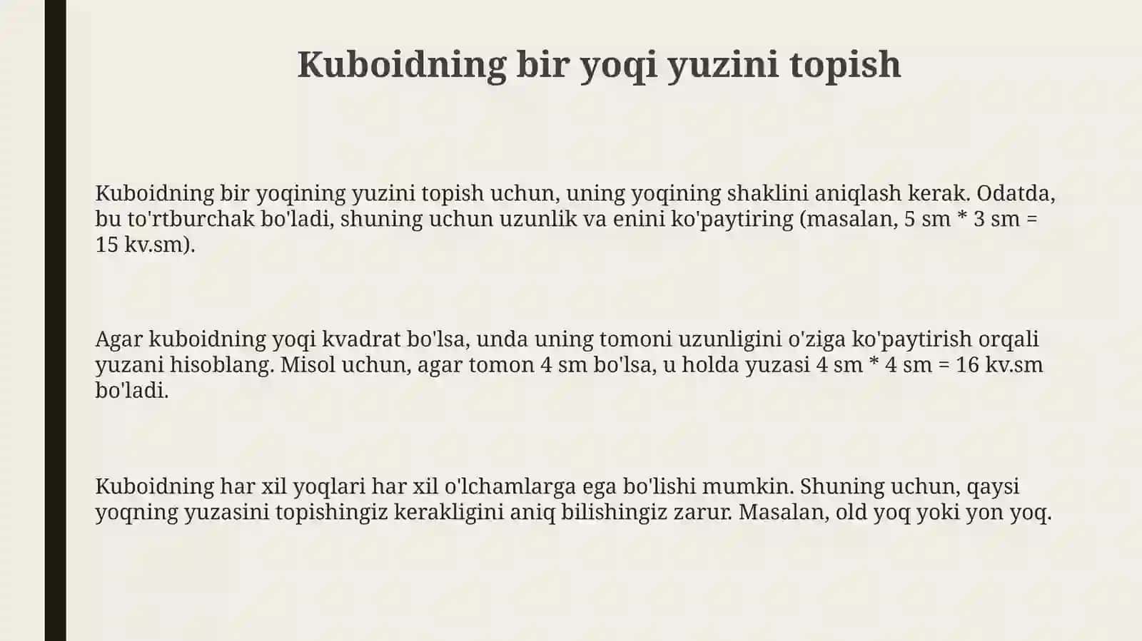 Kuboid va kubning bir yog'i yuzini topish 3