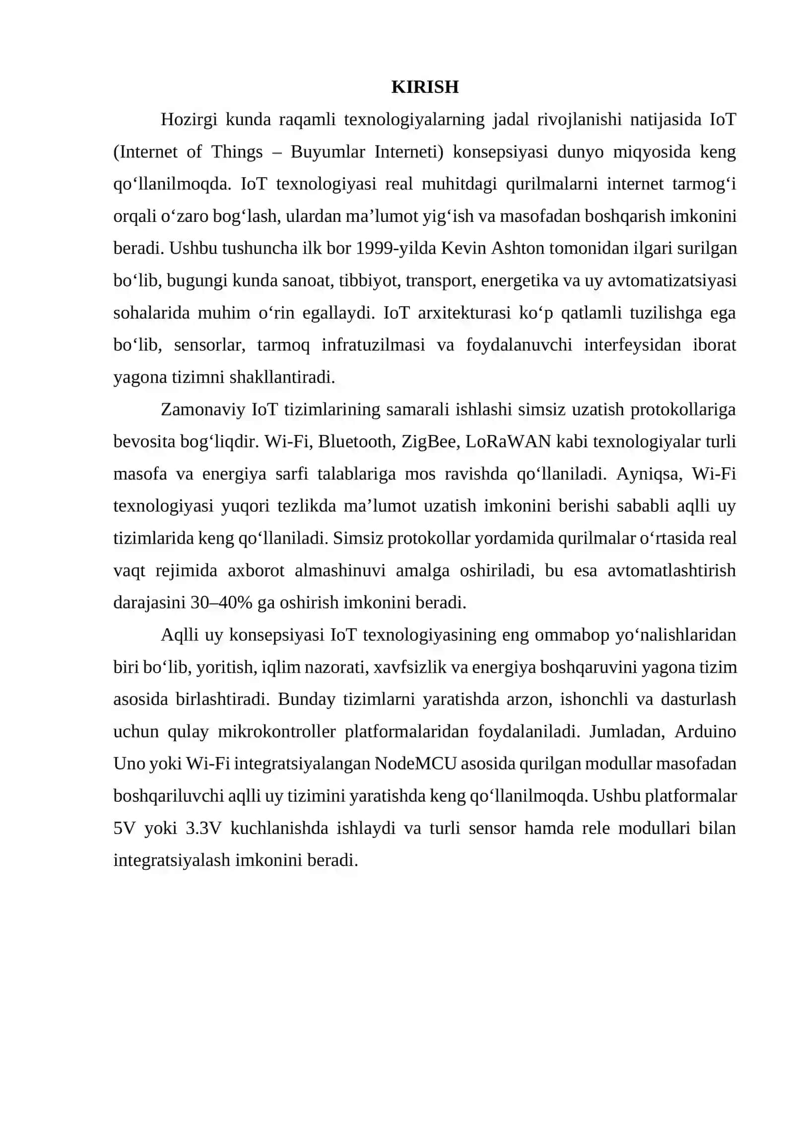 IoT arxitekturasi va simsiz uzatish protokollari. Arduino asosida Wi-Fi orqali boshqariluvchi aqlli uy moduli. 3
