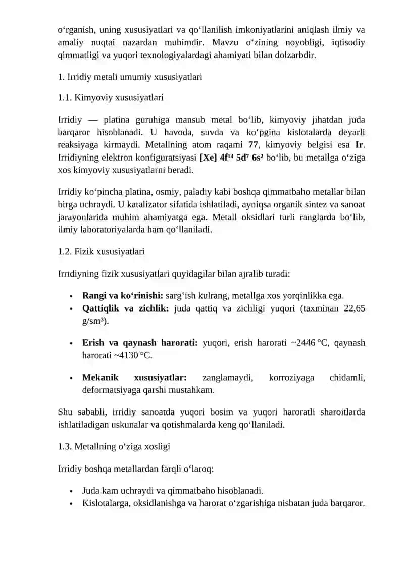 Irridiy metalli haqida umumiy ma’lumot 3