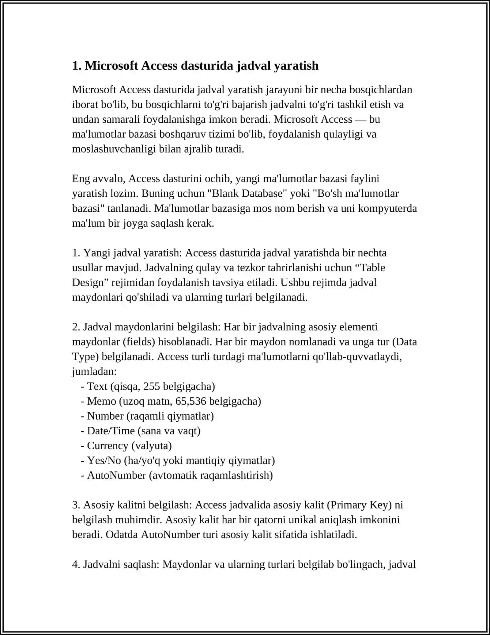 MICROSOFT ACCESS MUHITIDA JADVALLAR HOSIL QILISH 3