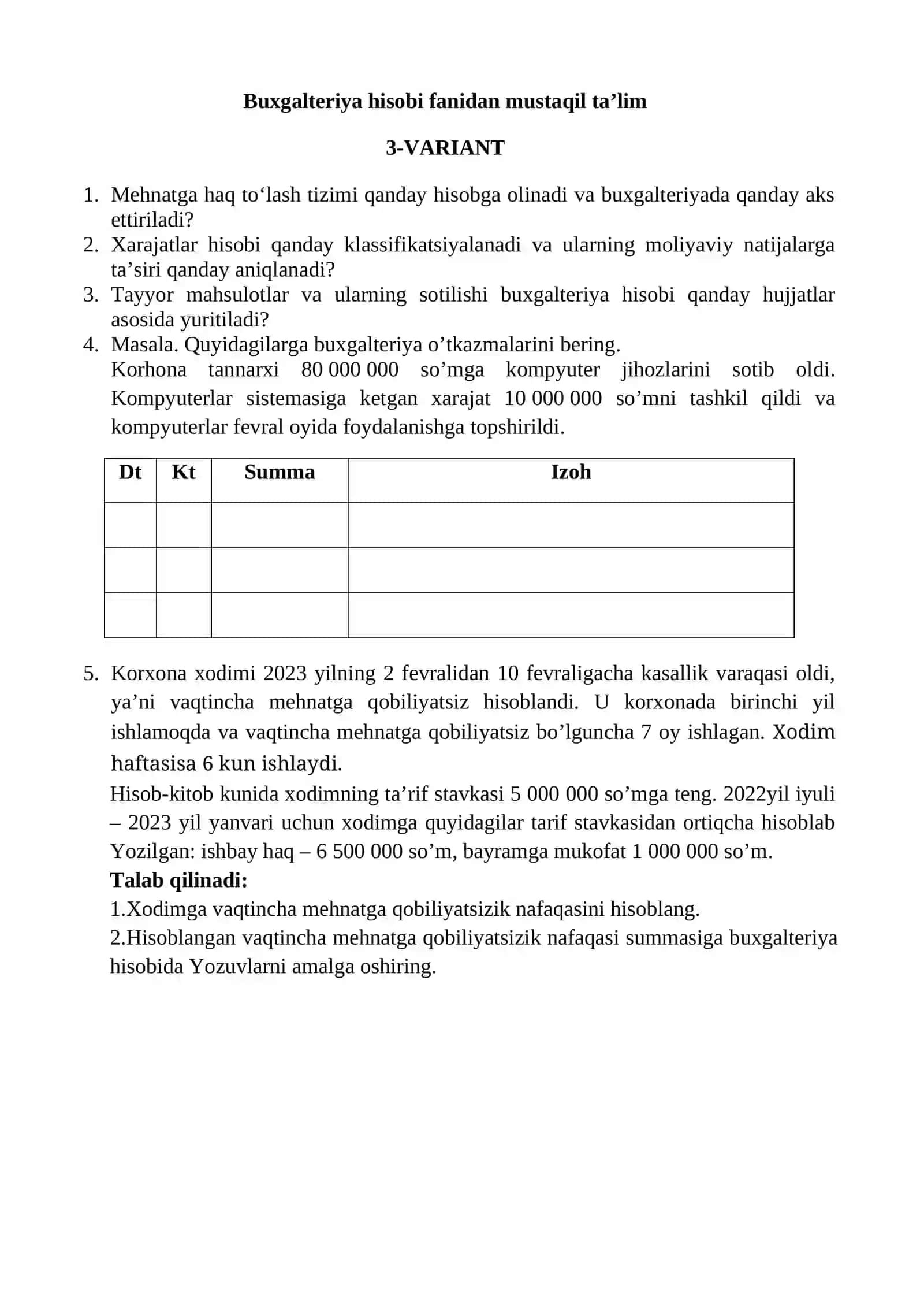 Moliya hisob fanidan mustaqil ta’lim 3