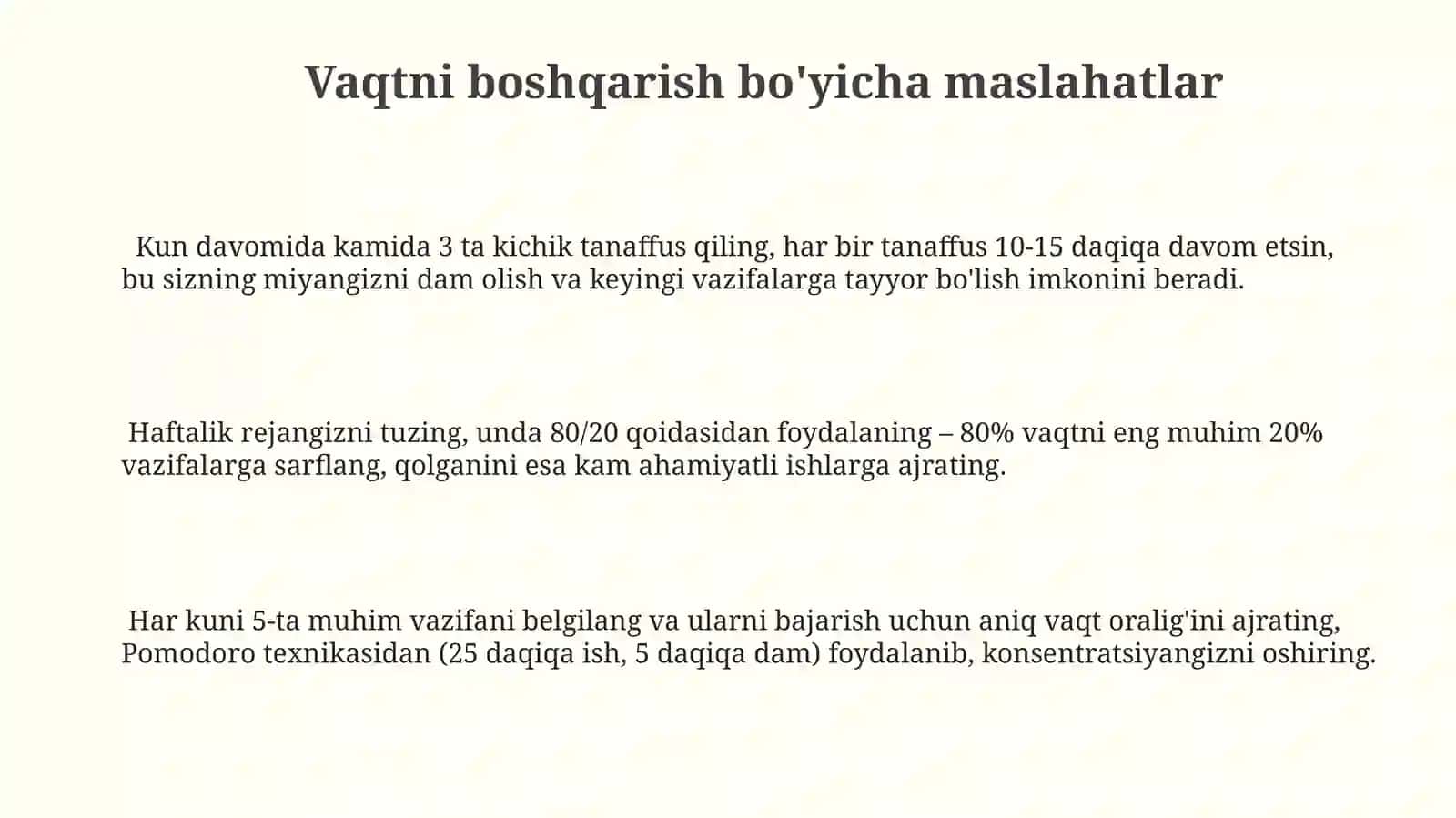 Vaqtni boshqarish (time menegment) koʻnikmasi va rivojlantirish yoʻllari 3