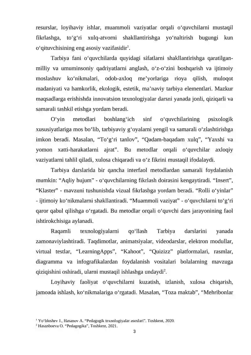 INNOVATION TALIM TEXNOLOGIYALARIDAN FOYDALANIB BOSHLAN'ICH SINF O'QUVCHILARIGA TARBIYA FANINI O'QITISH METODIKASI 3