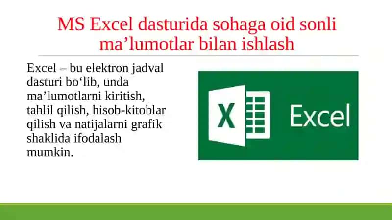 Ms Excel dasturida sohaga oid sonli malumotlar bilan ishlash.Exel dasturida tahrirlash,formatlash 3