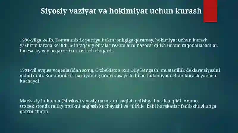 Mustaqillikka erishish arafasida Oʻzbekistondagi ijtimoiy- siyosiy jarayonlar 3