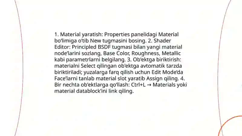 Blender dasturida obektlarga materiallar biriktirish 3