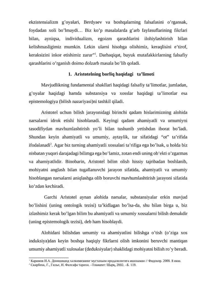 Aristotel, Forobiy va Kantning borliq haqidagi qarashlari 3