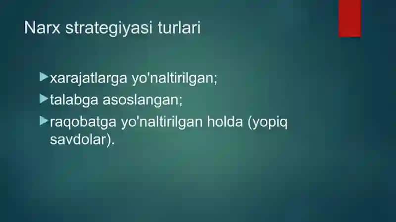 Yangi tovarlar uchun narx strategiyasi 3