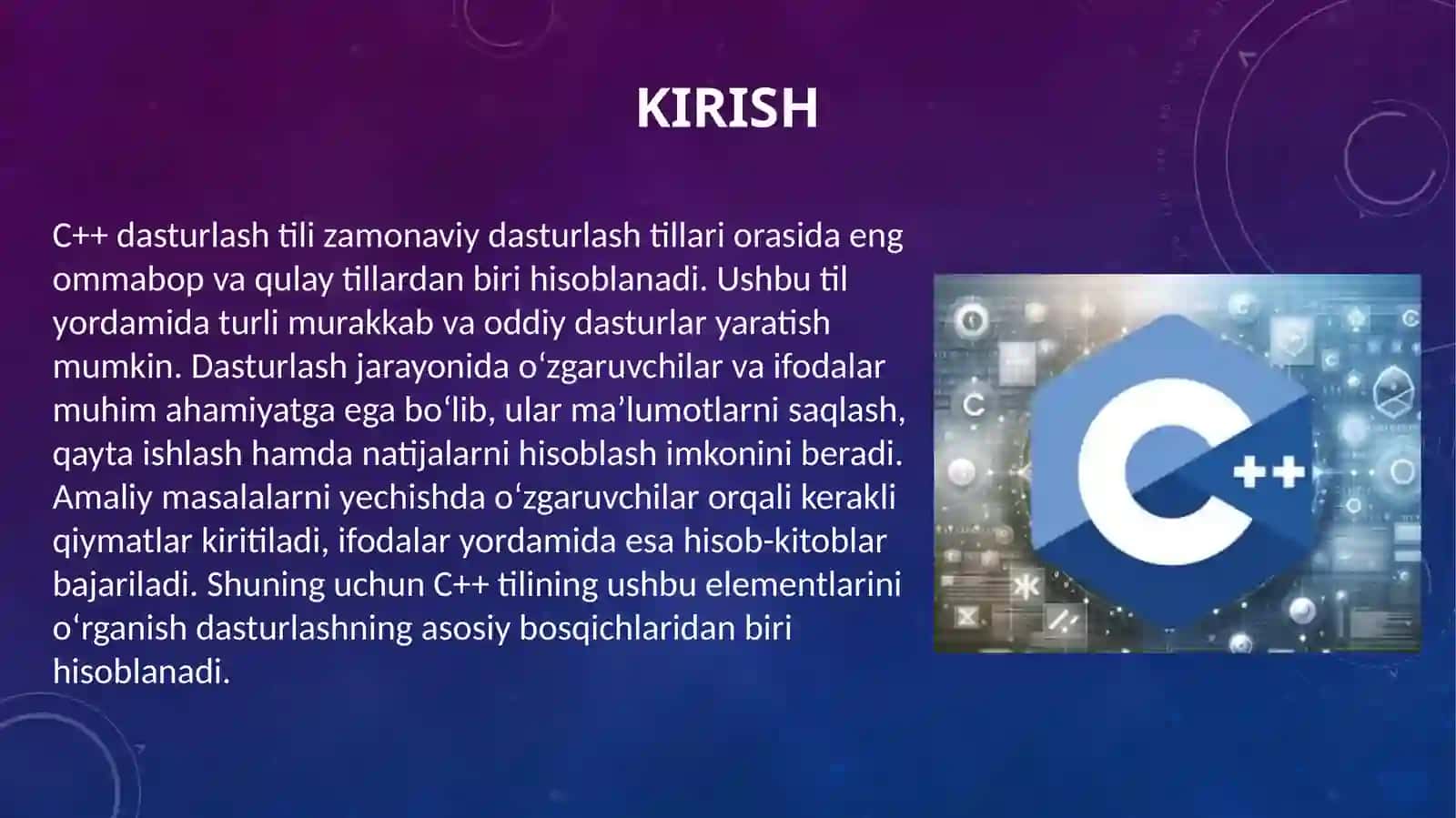 C++ dasturlash tilida o'zgaruvchilar va ifodalar yordamida 3
