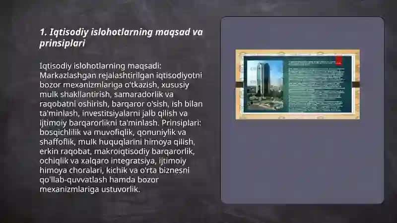 Iqtisodiy islohotlar, xususiy mulkchilikning shakillanishi. Oʻzbekistonda bozor munosabatlarining rivojlanishi 3