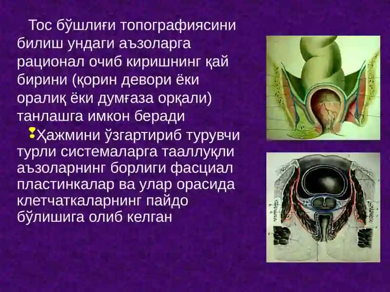 Тос чаноғи топографик анатомияси. Тос бўшлиғи аъзоларида асосий операциялар. 3