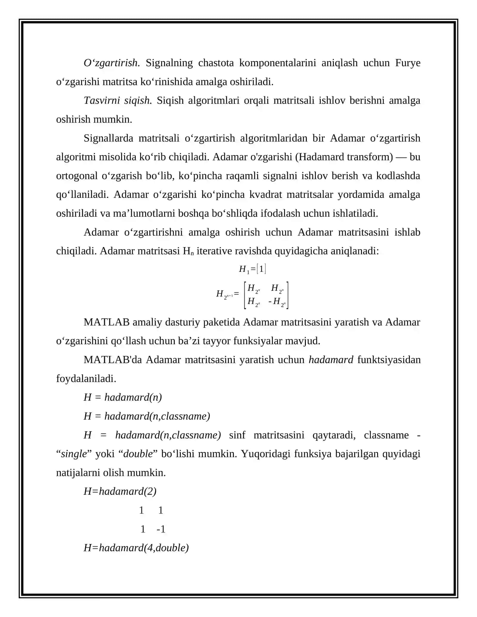 Matritsalar shaklida ishlov berish algoritmlarini amalga oshirish 3