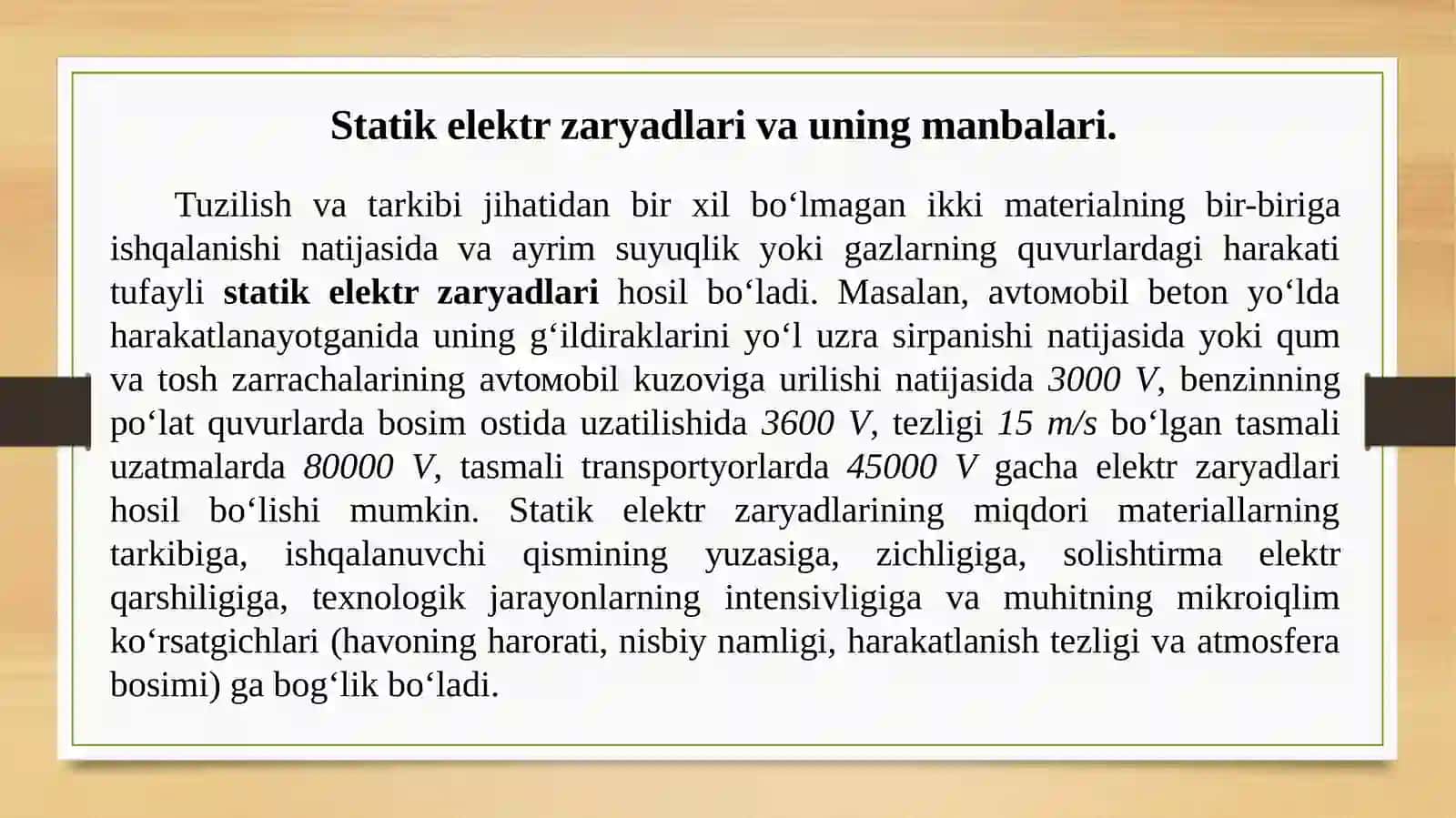 Statik elektr zaryadlari xavfliligi ko‘rsatkichlarini hisoblash 3