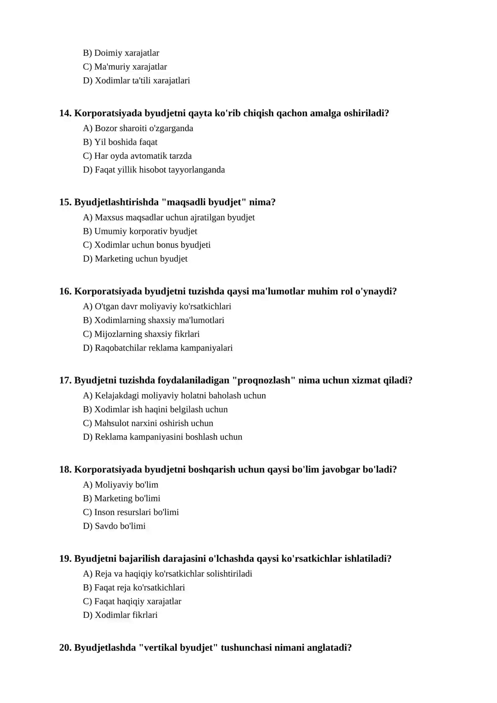 Korporatsiyalarda byudjetlashtirish bo'yicha test 3
