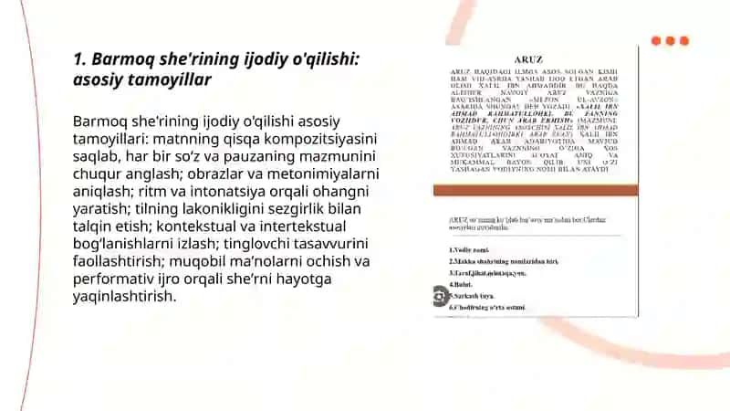 Barmoq va erkin she'r tizimidagi matnlarni badiiy o'qish. 3