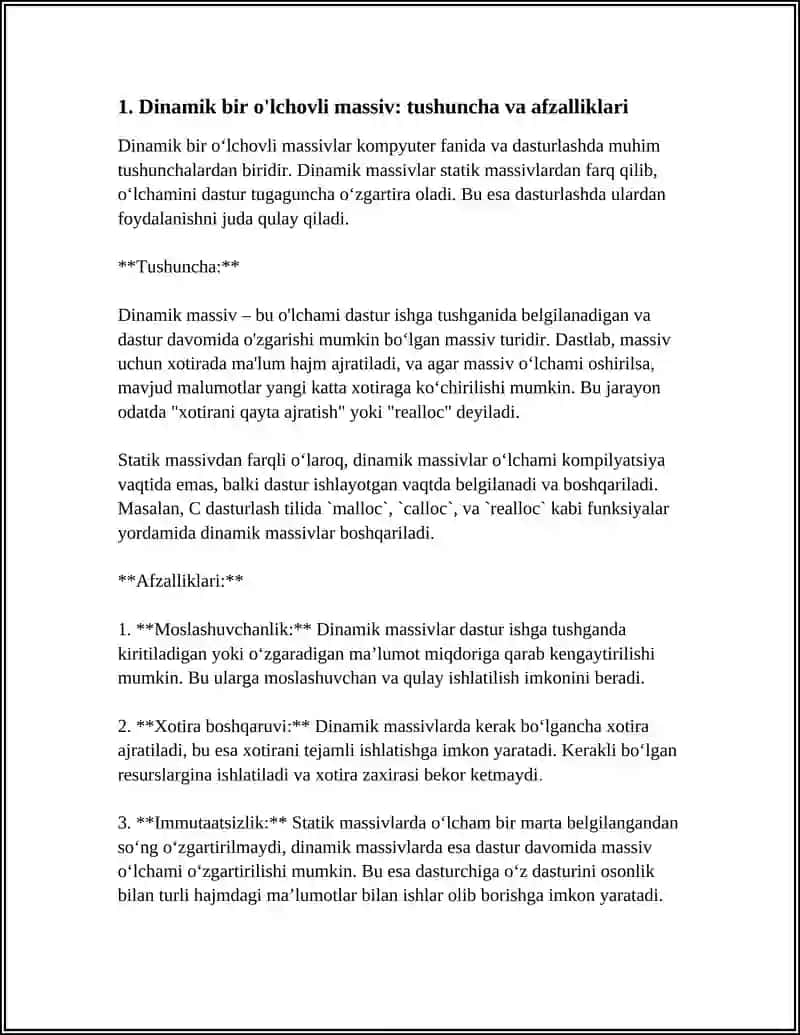 DINAMIK BIR O'LCHOVLI MASSIVLAR 3