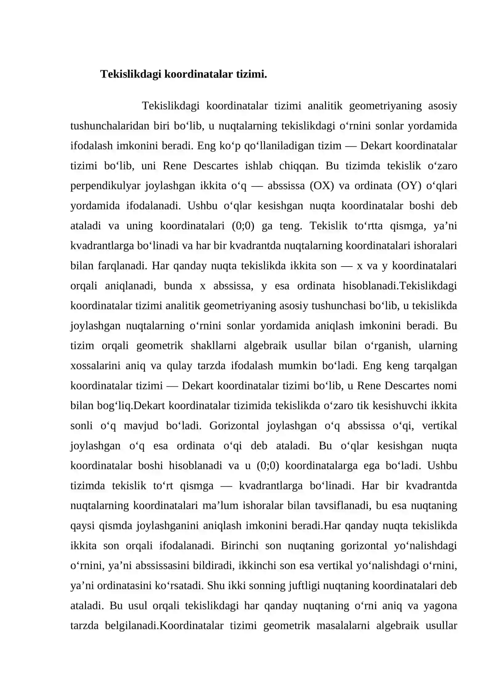 Tekislikdagi koordinatalar tizimi. Ikki nuqta orasidagi masofa va Segmentning berilgan nisbatda bo‘linishi 3