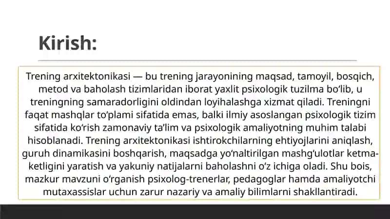 Trening Arxitektonikasi:asosiy elementlari 3