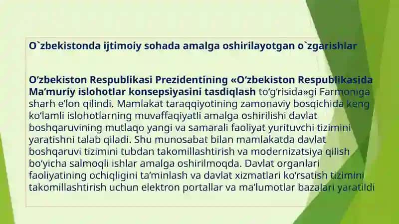 O`zbekistonda Ijtimoiy Sohada Amalga Oshirilayotgan O`zgarishlar 3