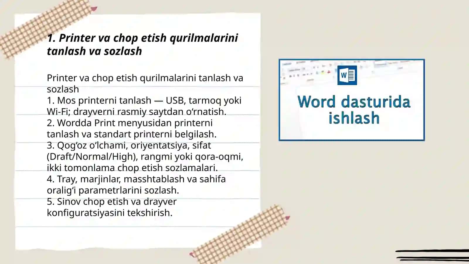 Microsoft Office Word dasturida maʼlumotlarni chop etish imkoniyatlari 3