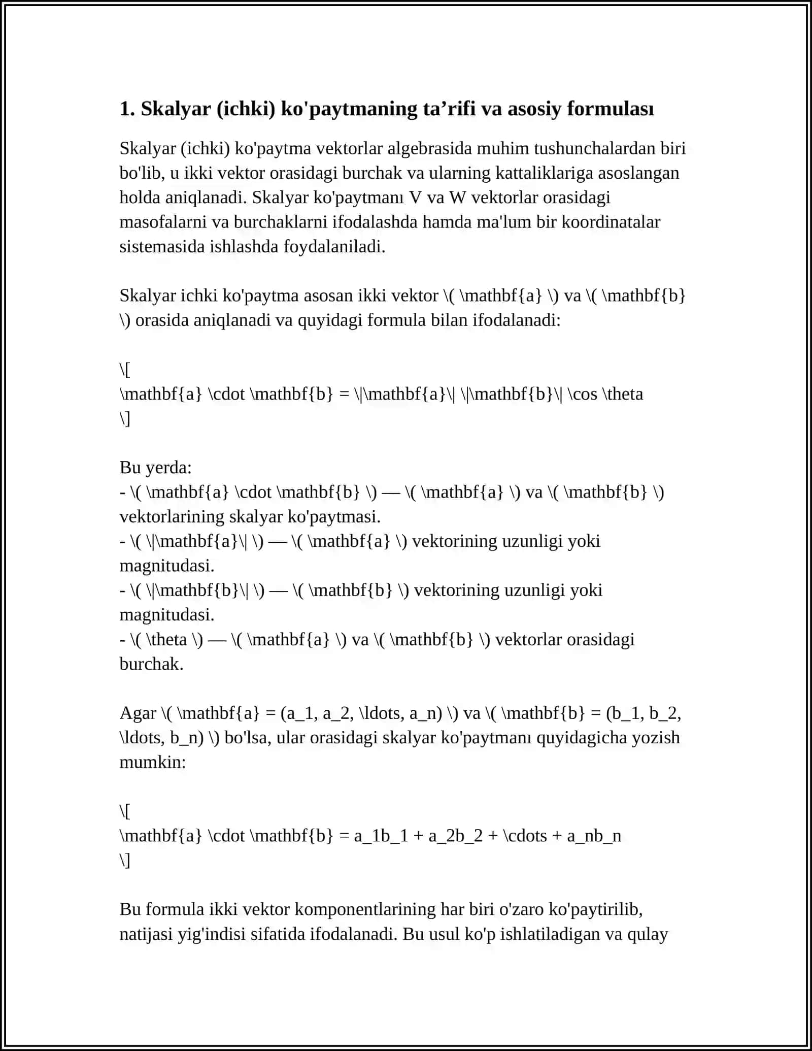VEKTORLARNING SKALYAR, VEKTOR VA ARALASH KO'PAYITMALARI, ULARNING GEOMATRIK MA'NOLARI 3