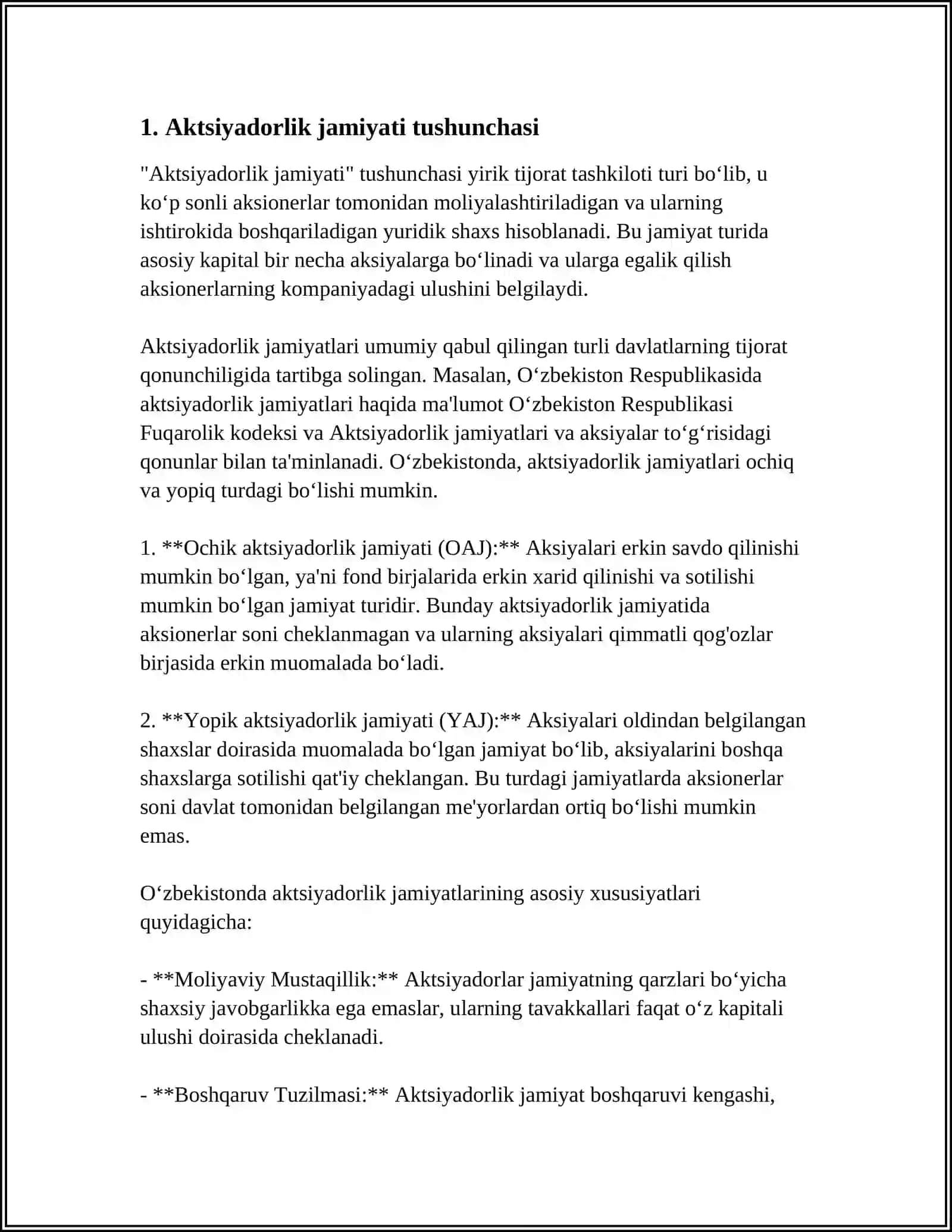 AKSIYADORLIK JAMIYATI VA AKSIYADORLIK KAPITALI. AKSIYA VA UNING TURLARI. AKSIYA KURSI. DIVIDEND VA TA' SISCHILAR FOYDASI 3