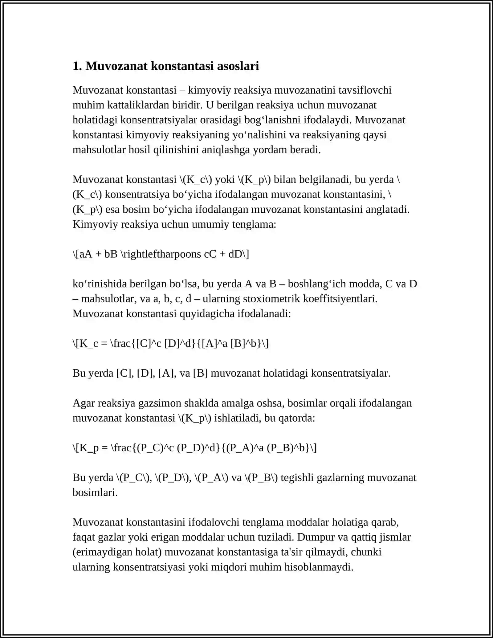 Muvozanat konstantasi asoslari 3
