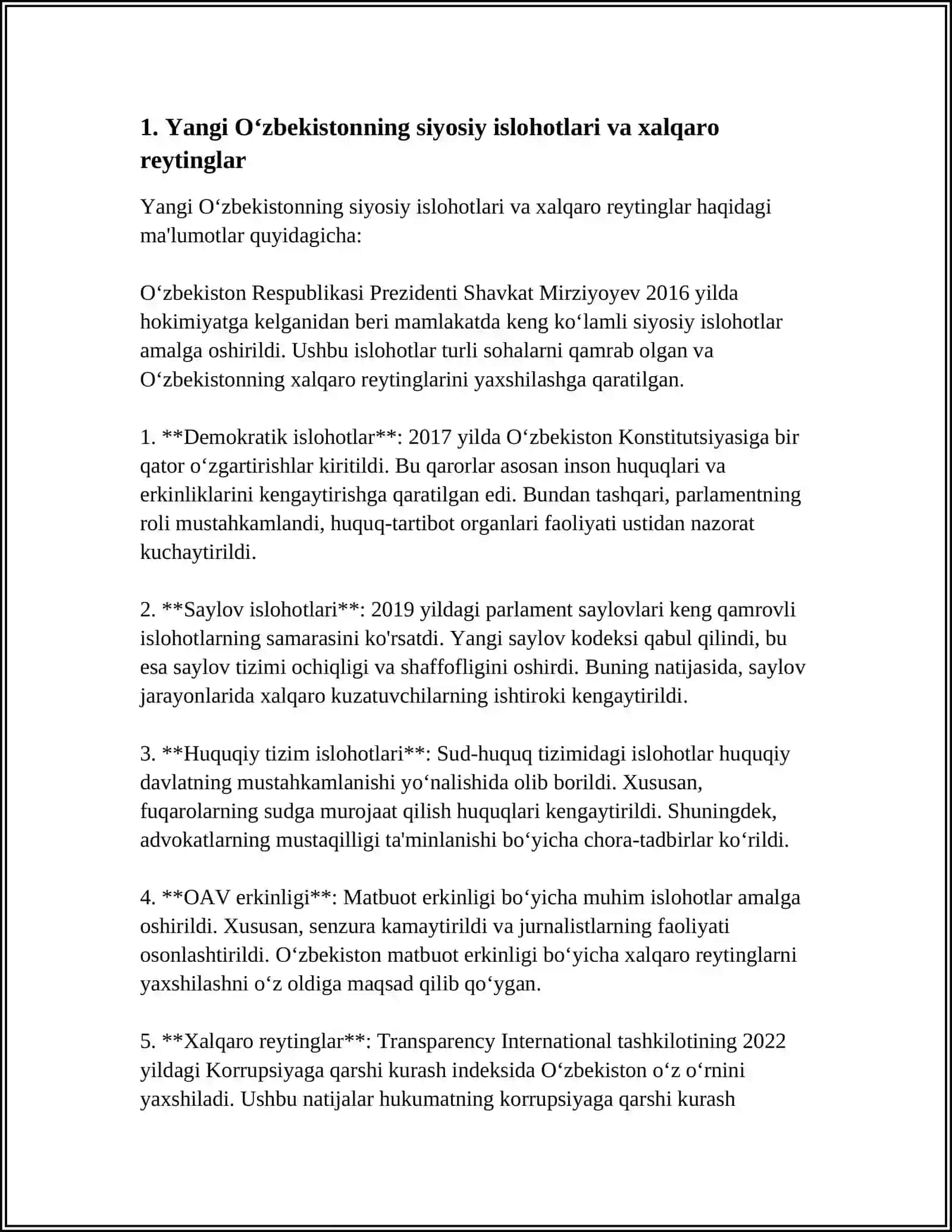 Yangi Oʻzbekiston siyosiy islohotlari va jahon iqtisodiy indekslari 3