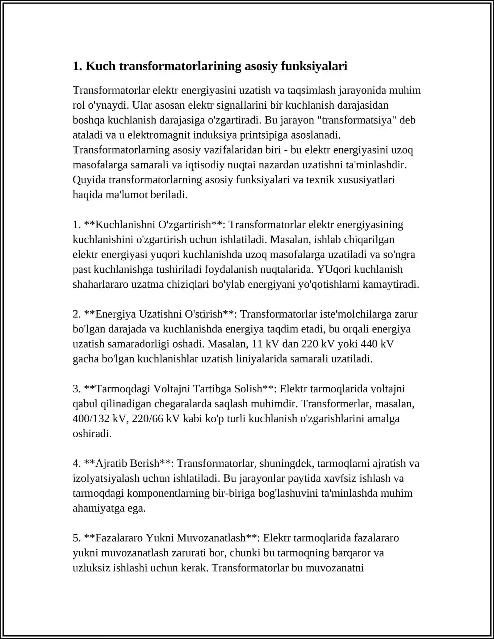 "PODSTANTSIYALARDA KUCH TRANSFORMATORLARINING SONI VA QUVVATINI TANLOV" 3