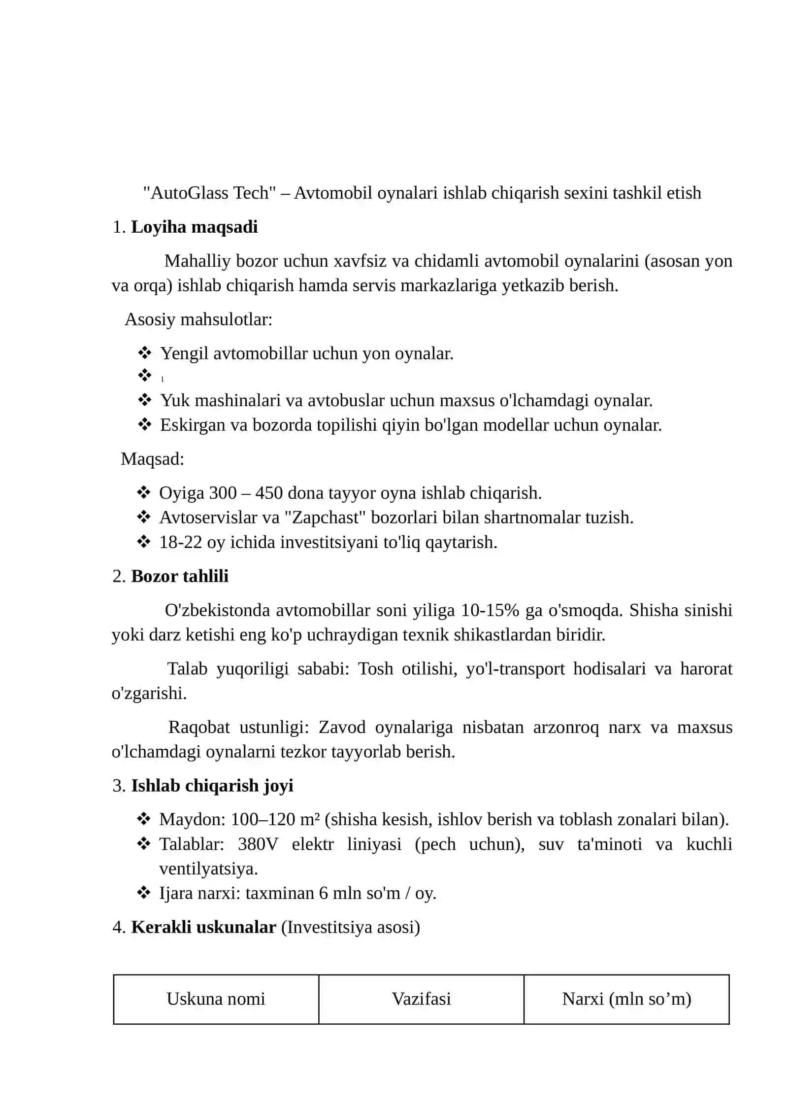 Investitsion loyiha. Avtomobil zavodi boʻyicha. 3