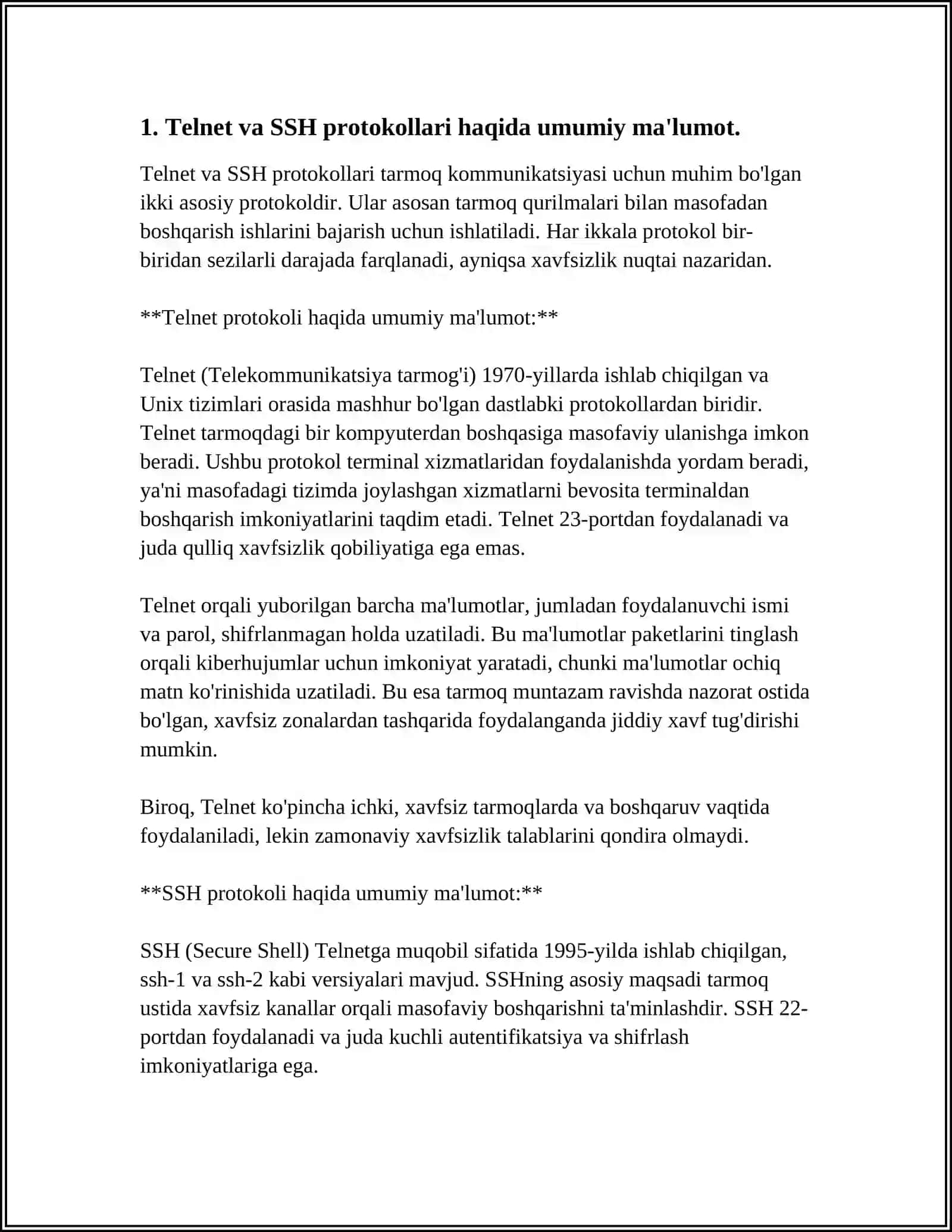 SISKO PAKET TRASER DASTURIDA TELNET, SSH PROTOKOLI BILAN ISHLASH 3