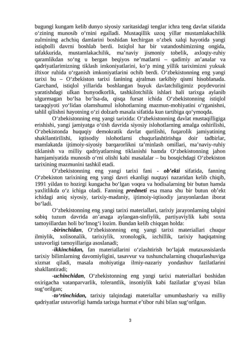 O‘zbekistonning eng yangi tarixi fanining fan sifatidagi ahamiyati 3