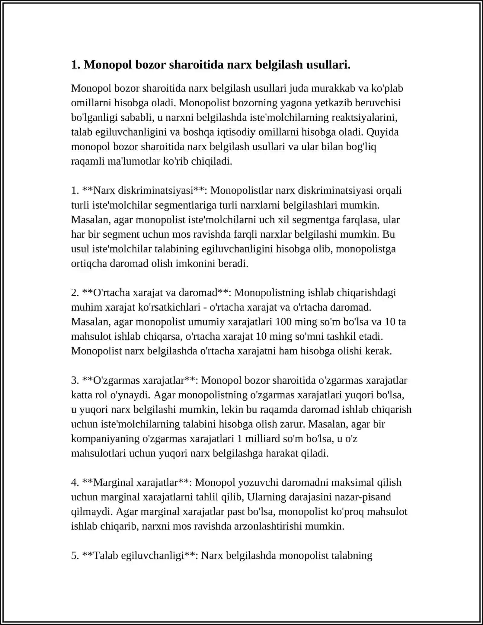 Monopol bozor sharoitida narx belgilash usullari 3