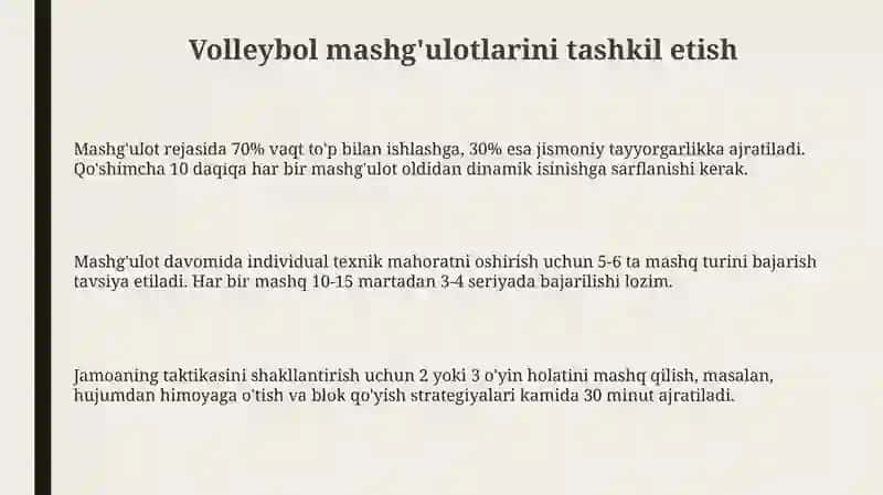 Volleybol mashg'ulotlarini tashkil etish 3
