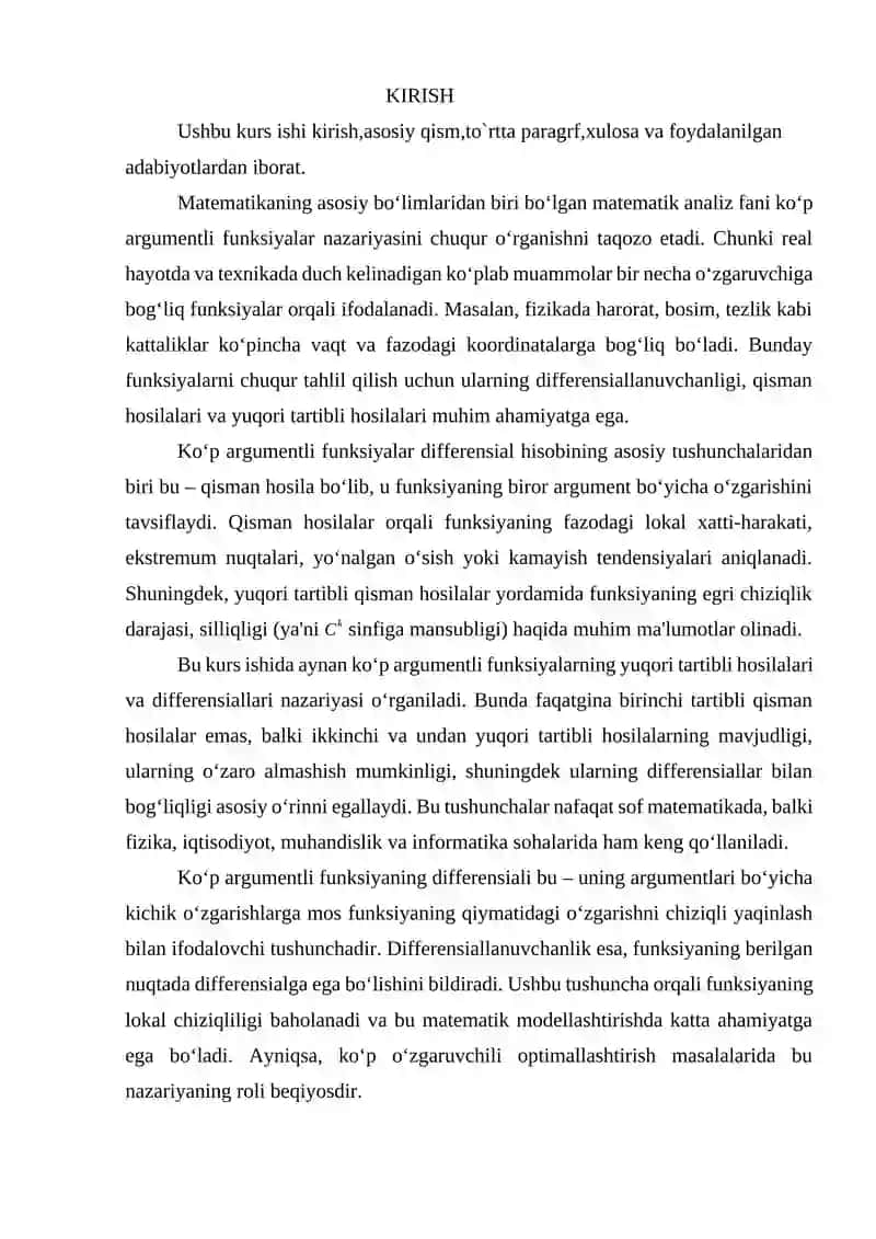 Ko’p argumentli funksiyaning yuqori tartibli hosila va differensiali 3