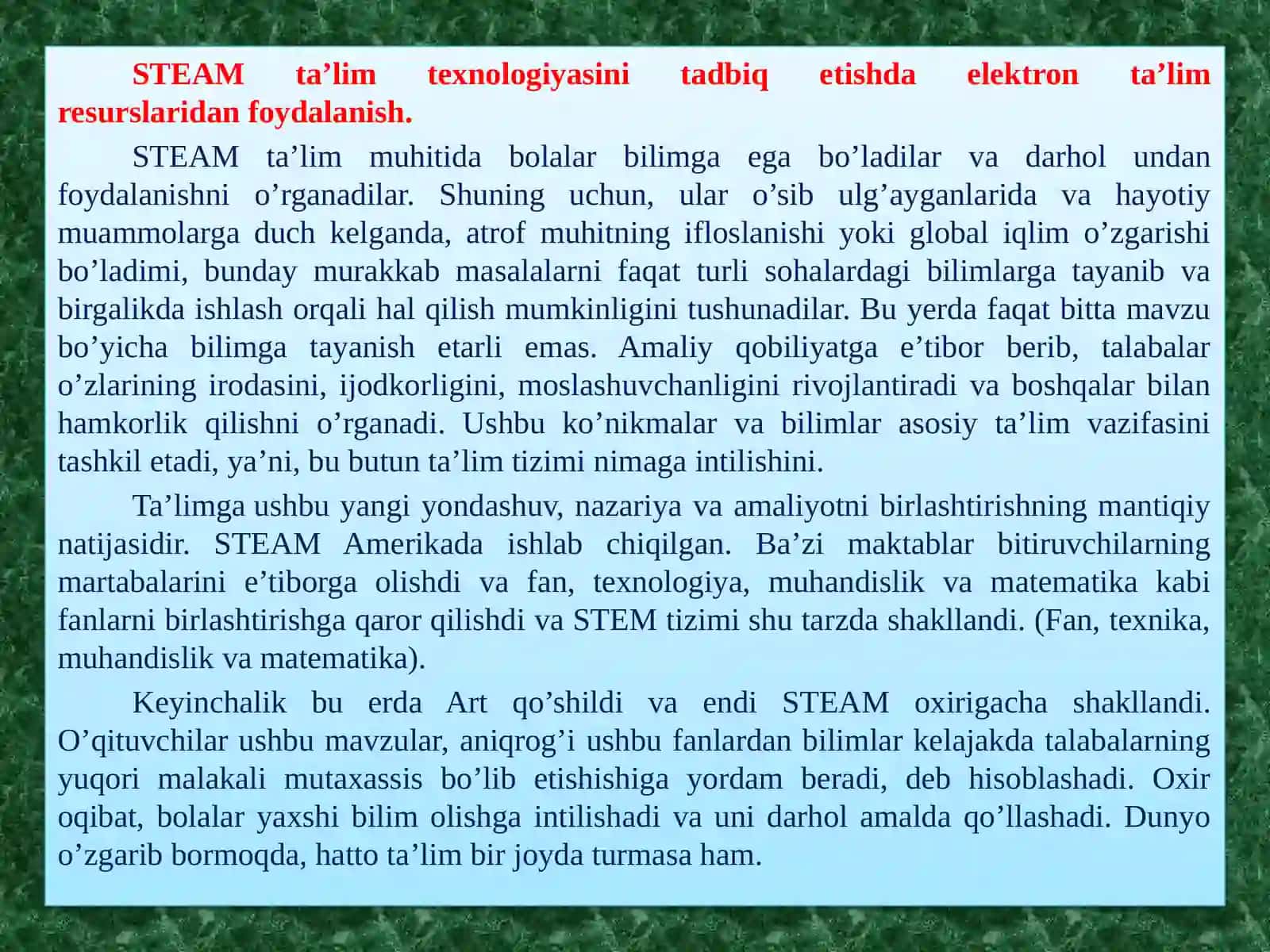 2-mavzu:STEAM ta’lim texnologiyasini tadbiq etishda elektron ta’lim resurslaridan foydalanish. Maktabgacha ta’lim tashkilotlari tarbiyachilarining Digital kompetensiyalari. LEGO-qurilish, konstruksiyalash – STEAM ta’lim moduli sifatida 3