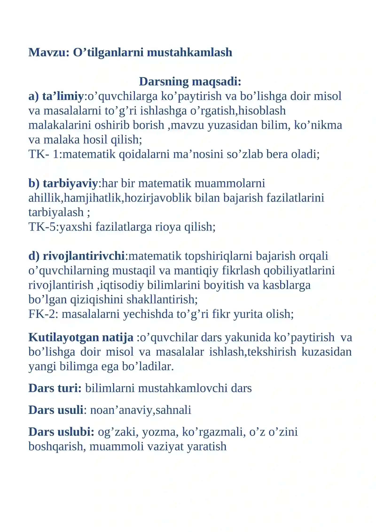 3-sinf Matematika fanidan O'tilganlarni mustahkamlash dars ishlanmasi 3