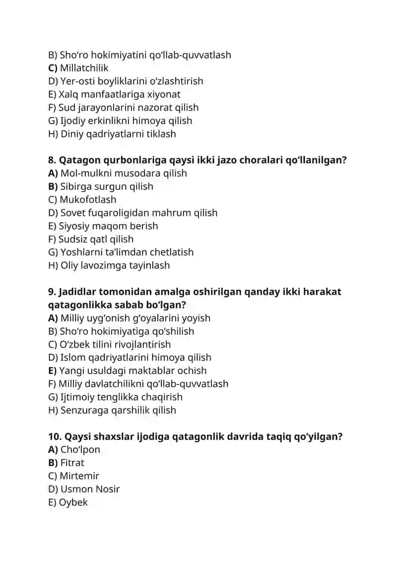OʻZBEKISTONDA QATAGʻONLIK. TEST JAVOBI BILAN 3
