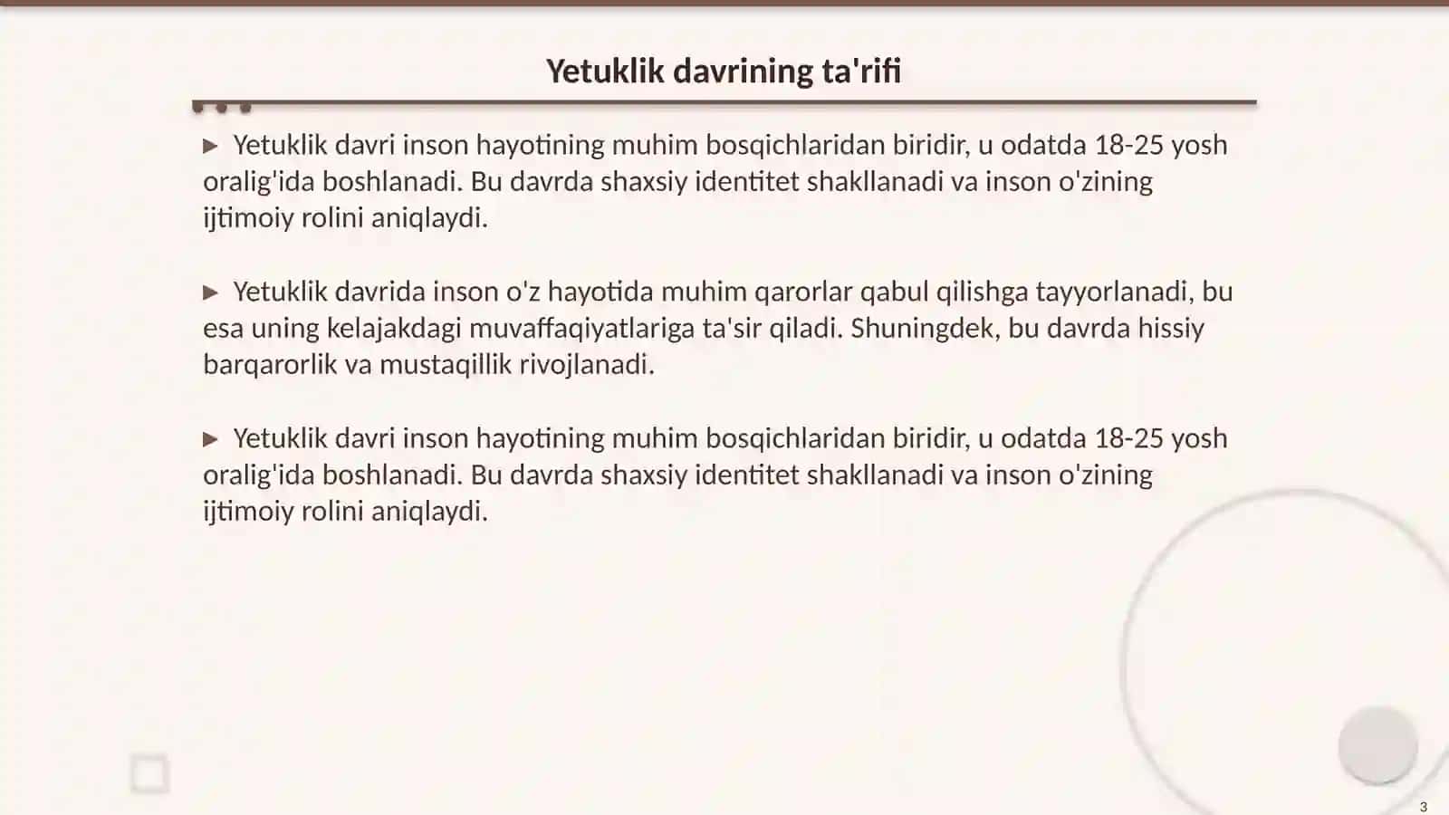 Yetuklik davrining davrlashtirilishi 3