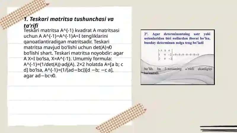 Teskari matritsa va determinantning qo‘shimcha xossalari 3