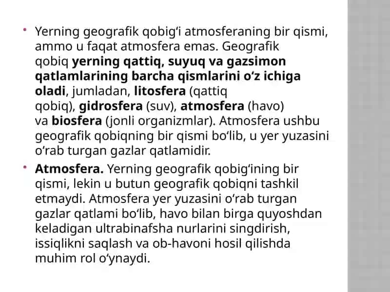 Yerning geografik qobig’i. Atmosfera 3