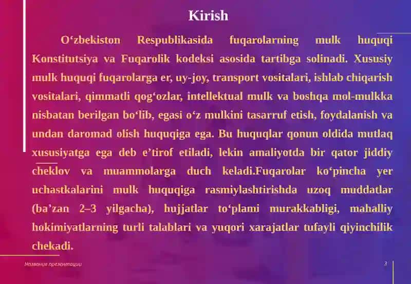 O‘zbekiston Respublikasida Fuqarolarning Mulk Huquqi 3