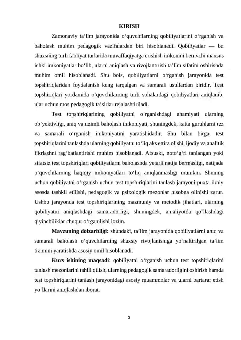 QOBILYATNI O'RGANISH TEST TOPSHIRIQLARINI TANLASH 3