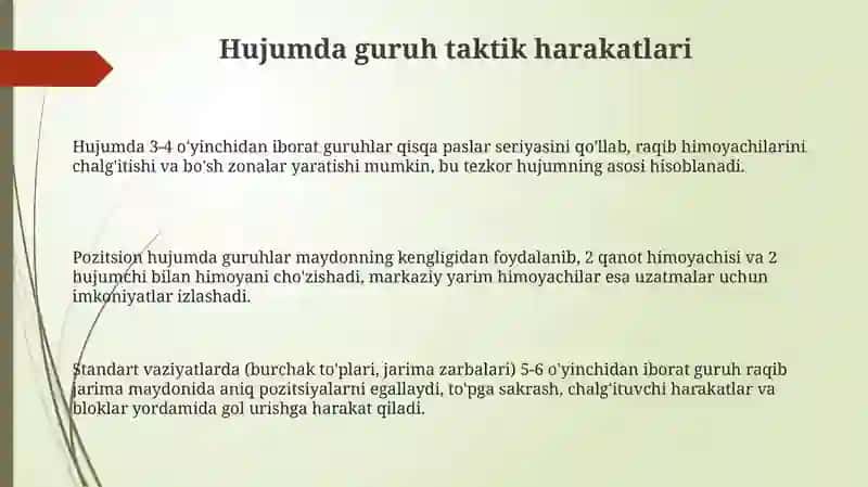 Hujum va himoyda guruhli uzaro taktik harakatlar 3